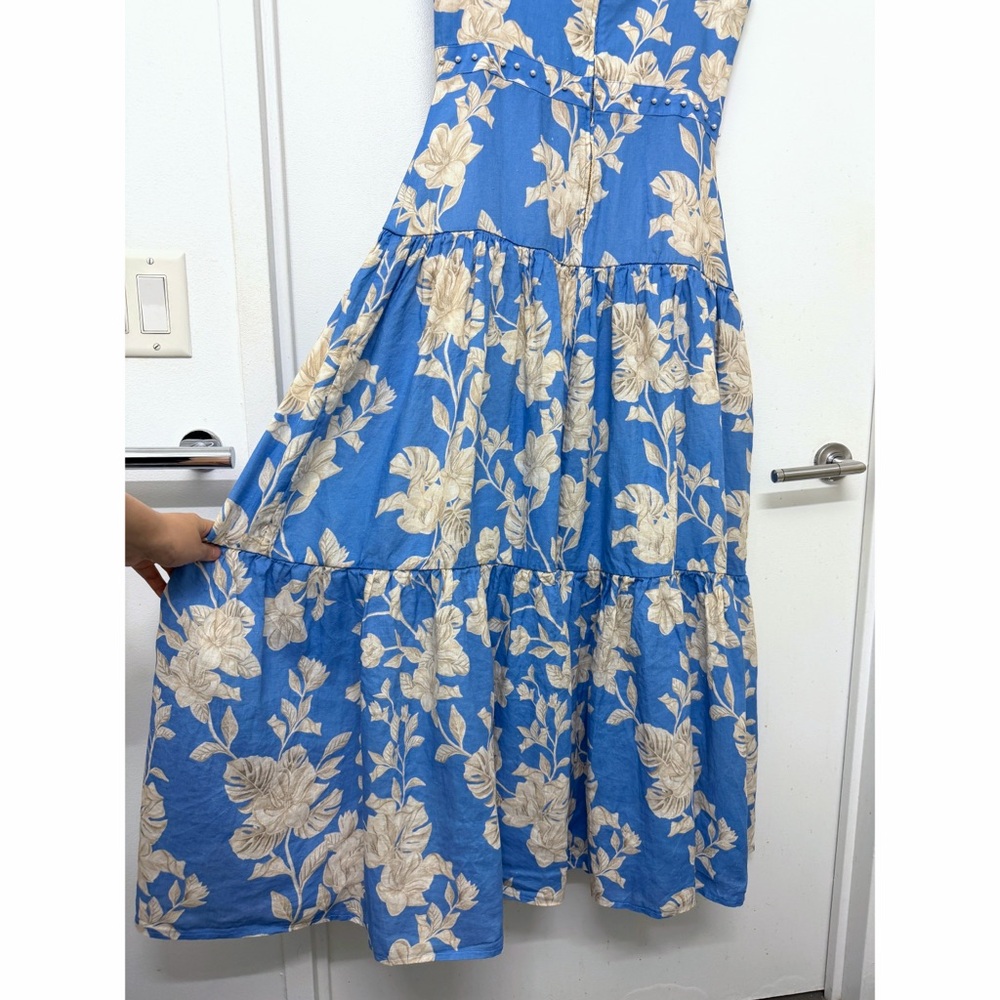 Agua by Agua Bendita Lima Madera Maxi Dress Linen Blue Ivory Floral Print L - Picture 12 of 16